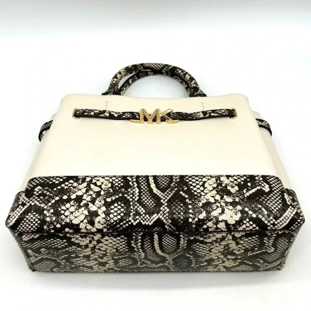 Michael Kors Large Reed Leather Belted Satchel Crossbody Bag Cream Snakeskin